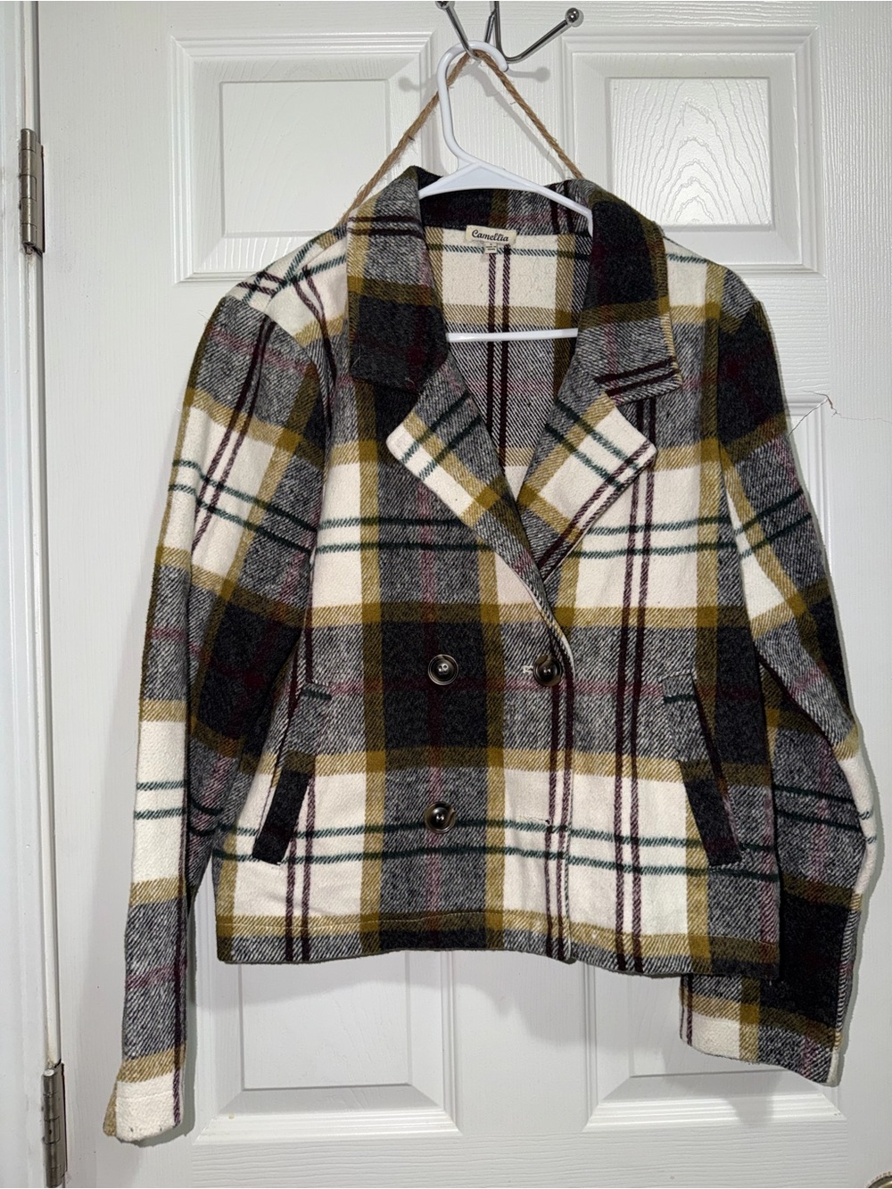 Plaid Double-Breasted Pea Coat in Olive & Cream